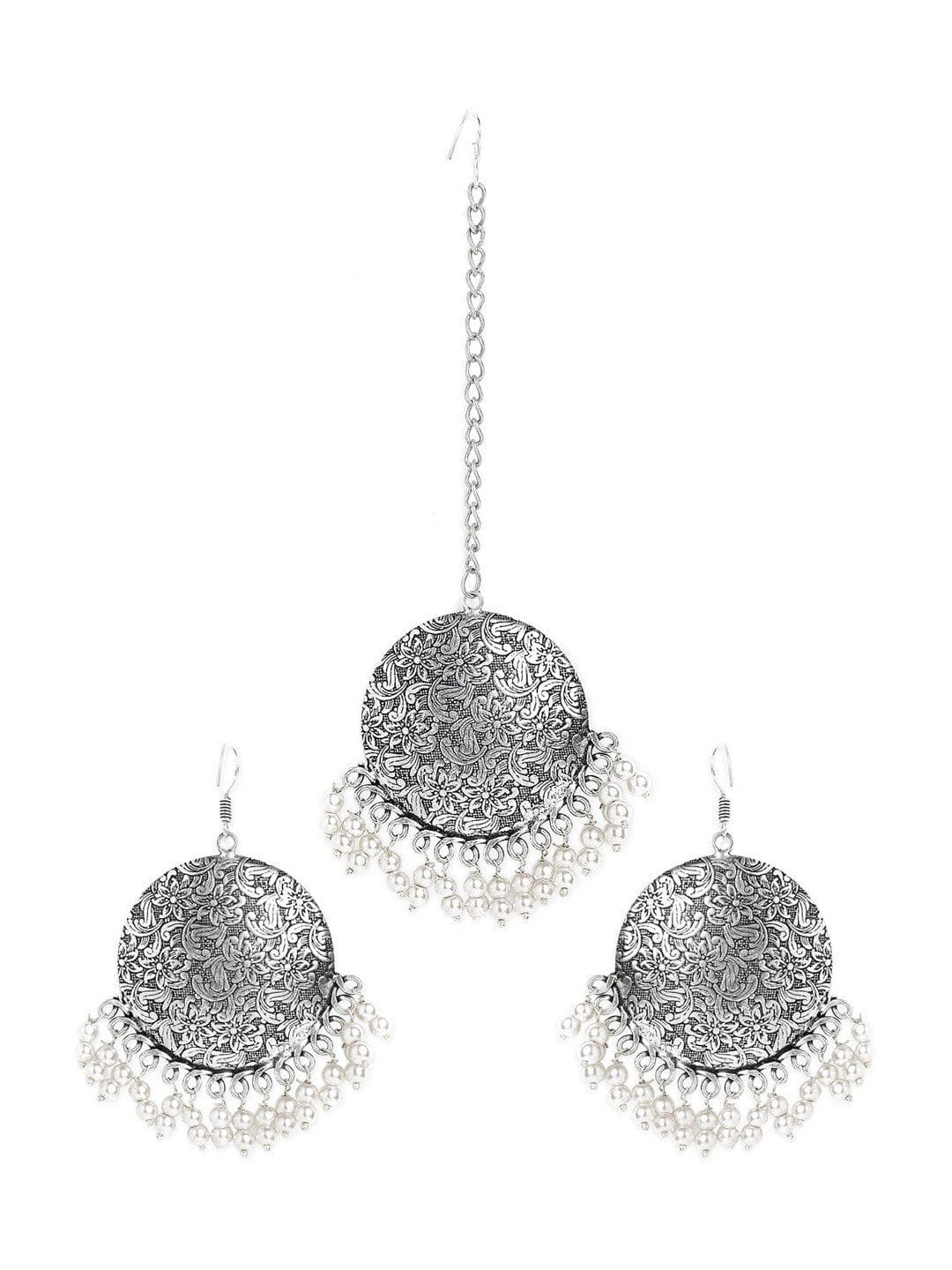 Floral Engraved Pearl Drop Oxidised Maangtikka with Earrings Silver