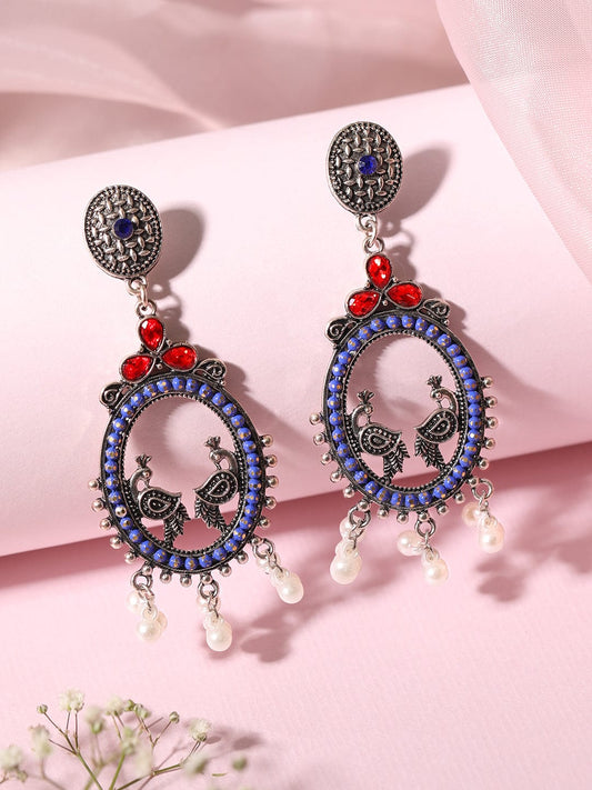 Oxidised Peacock Motif Red & Blue Pearl Danglers Silver
