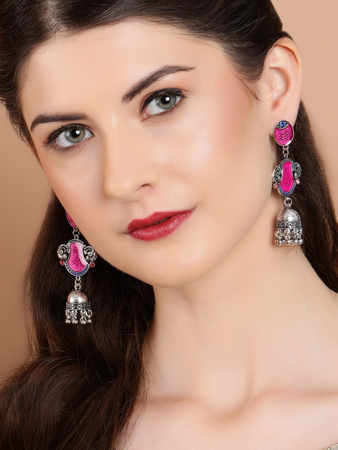 Artisan Crafted Red Enamelled Jhumka Silver