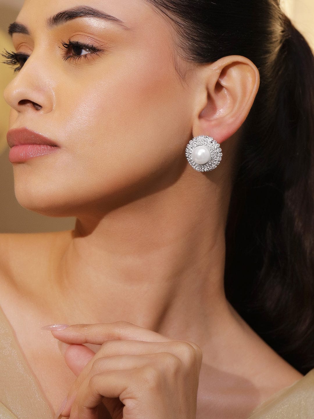 【Rubans】 Pearl Touch American Diamond Zirconia Studs｜パールタッチ アメリカンダイヤモンド ジルコニア オーバーサイズ スタッドイヤリング
