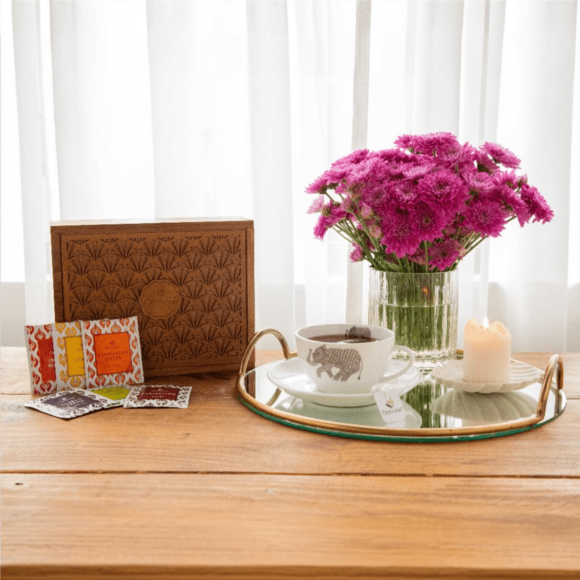 Assortment of fine teas - 90 teabags in Tropical Palm cutwork wooden box with a sliding lid 90teabags
