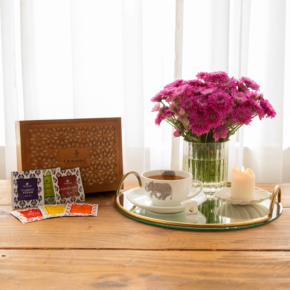 Assortment of fine teas - 90 teabags in Floral Cutwork Wooden box 90teabags