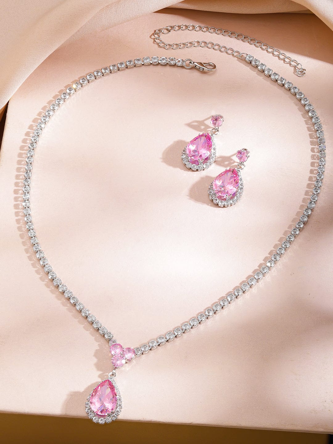 Pink American Diamond Zirconia Teardrop Necklace Set フリーサイズ