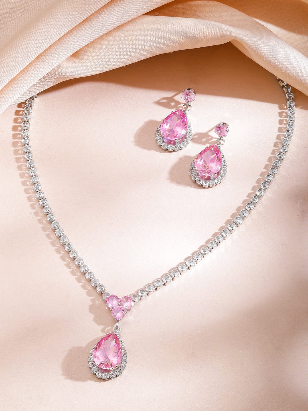 Pink American Diamond Zirconia Teardrop Necklace Set フリーサイズ