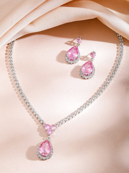 Pink American Diamond Zirconia Teardrop Necklace Set フリーサイズ