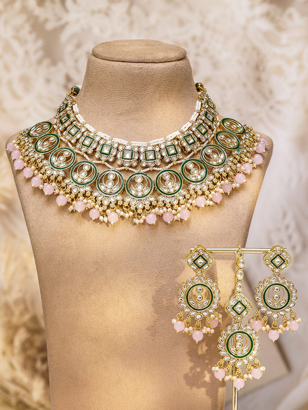 Pink Elegant Shine Kundan Necklace Set フリーサイズ