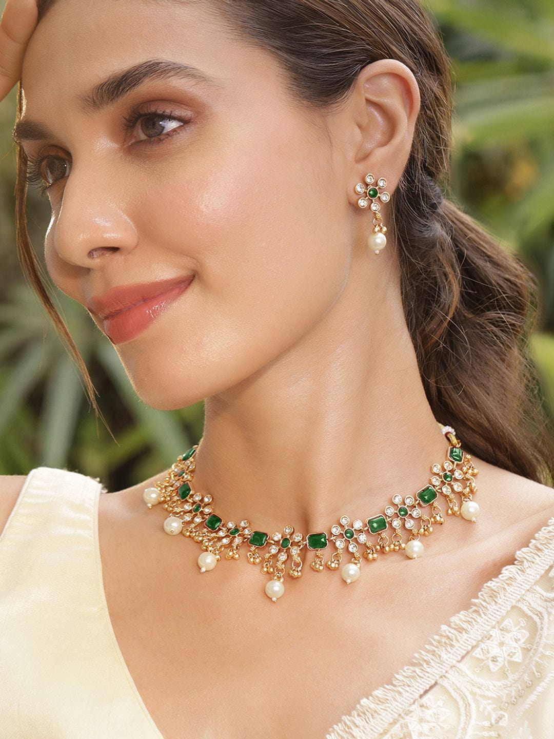Floral Theme Kundan Green Necklace Set Gold