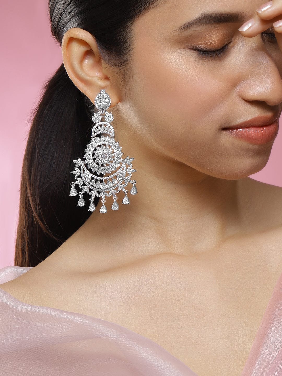 Queen’s Whisper American Diamond Zirconia Chandbali Silver