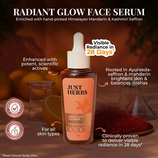 Just Herbs ラディアントグロウ フェイスセラム マンダリン＆サフラン 30ml のボトル
