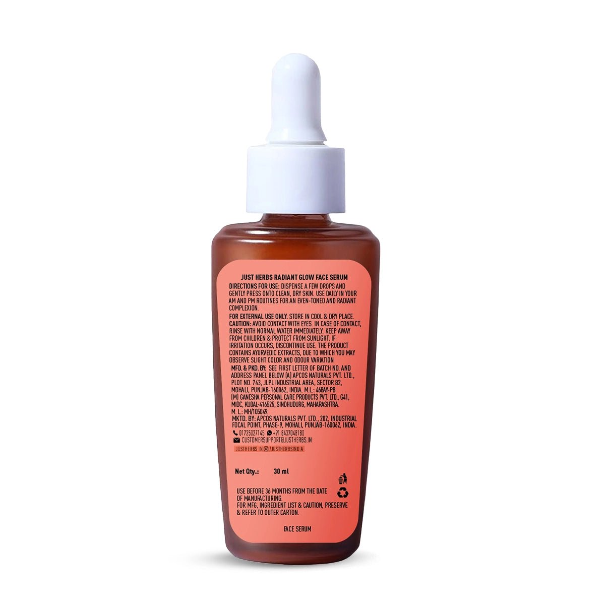 Just Herbs ラディアントグロウ フェイスセラム マンダリン＆サフラン 30ml のボトル