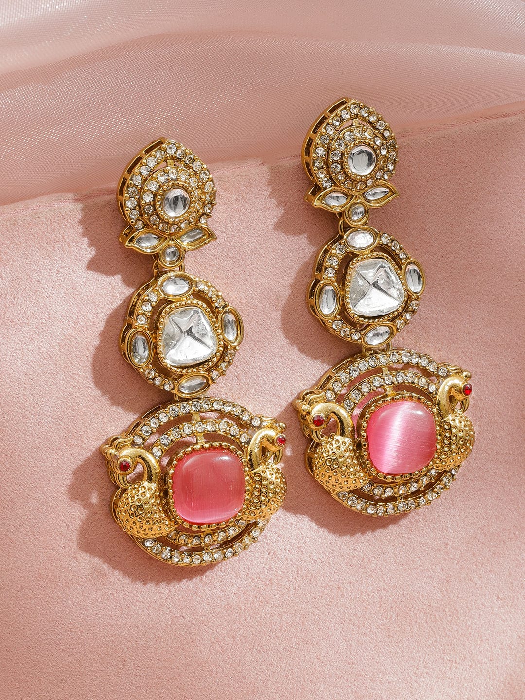 Radiant Pink White Kundan Danglers フリーサイズ