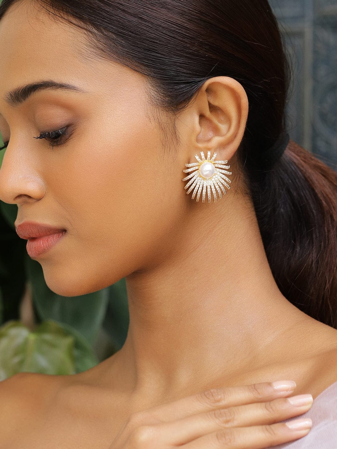 Radiant Starburst American Diamond Zirconia Pearl Studs Gold