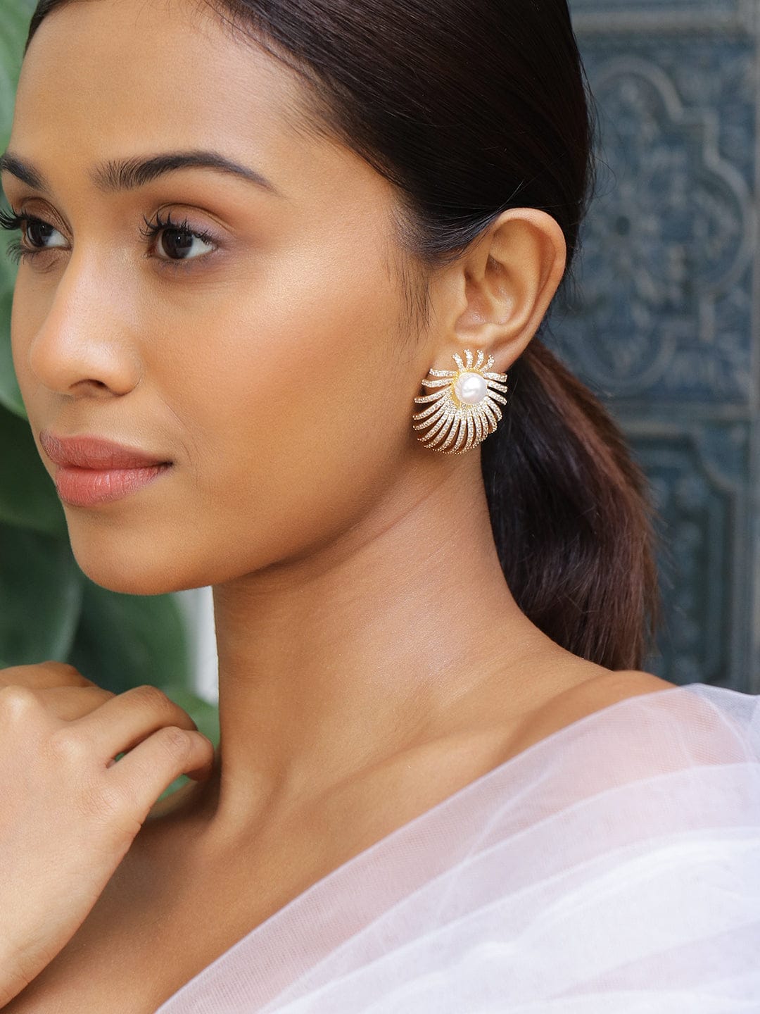 Radiant Starburst American Diamond Zirconia Pearl Studs Gold