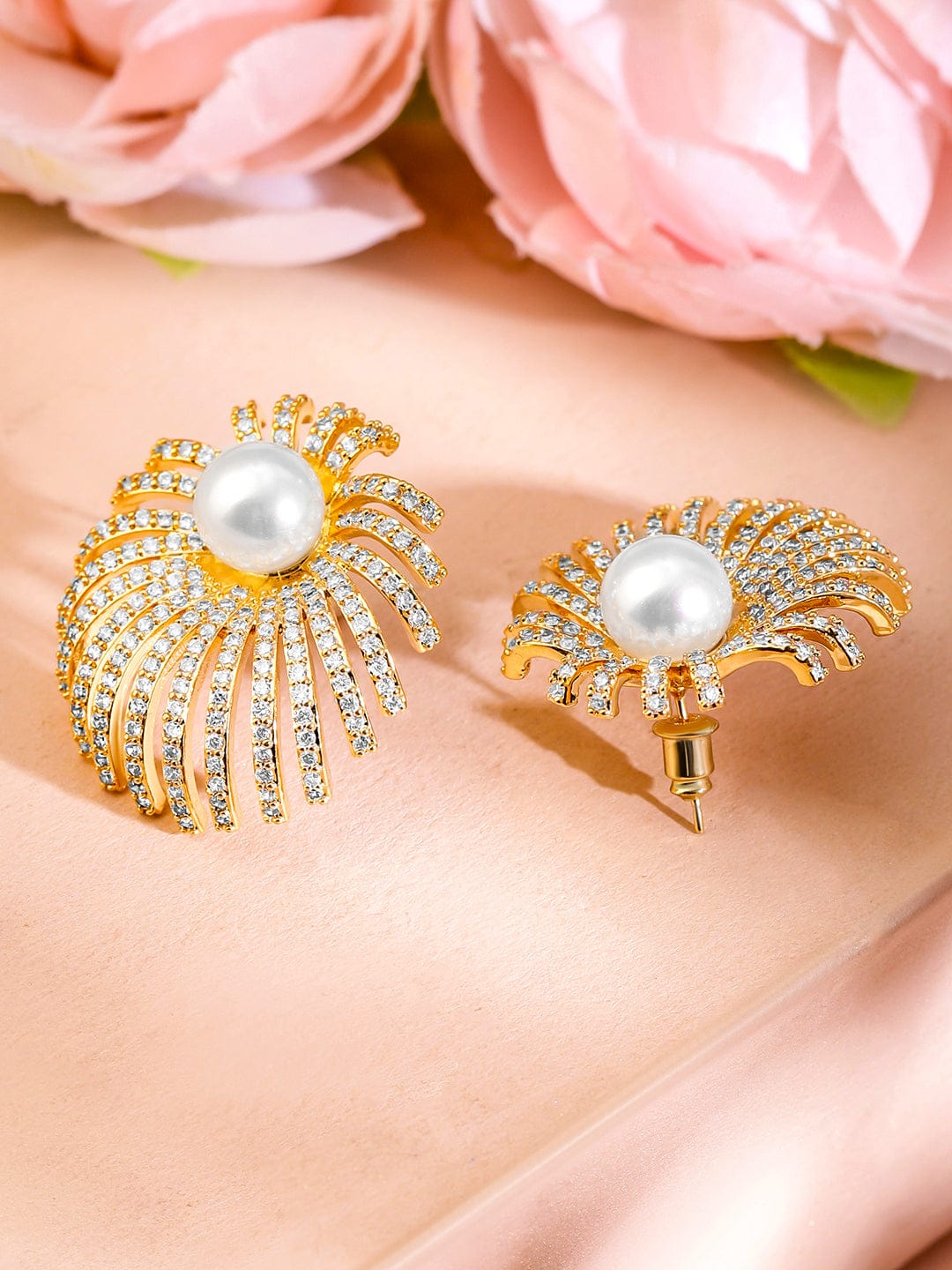 Radiant Starburst American Diamond Zirconia Pearl Studs Gold