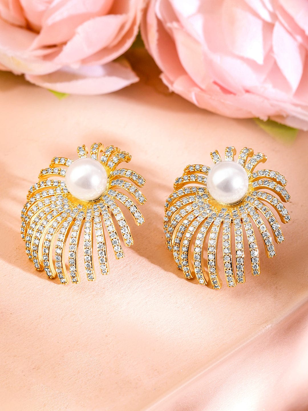 Radiant Starburst American Diamond Zirconia Pearl Studs Gold