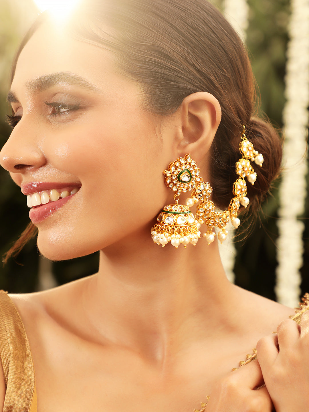 Radiant White Kundan Jhumka with Kaan Chain Gold
