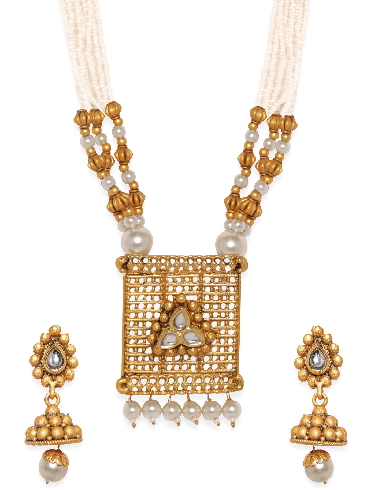 Rubans Gold Plated Pearl Statement Necklace Set Gold