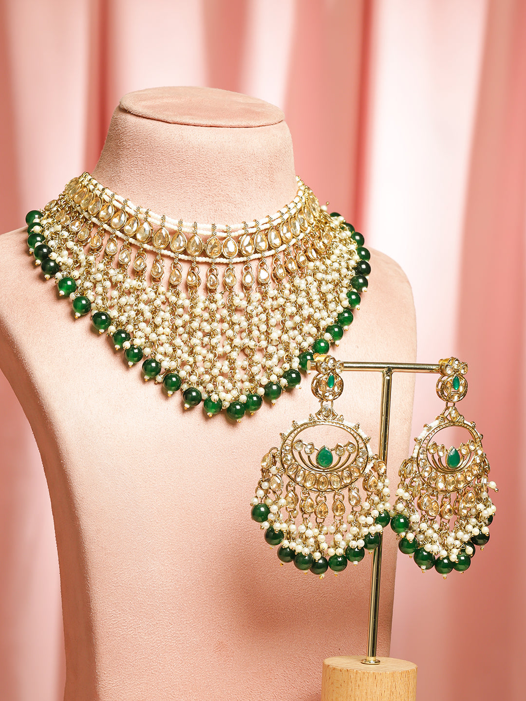 Pearl Embellished Green Beaded Kundan Choker Set フリーサイズ