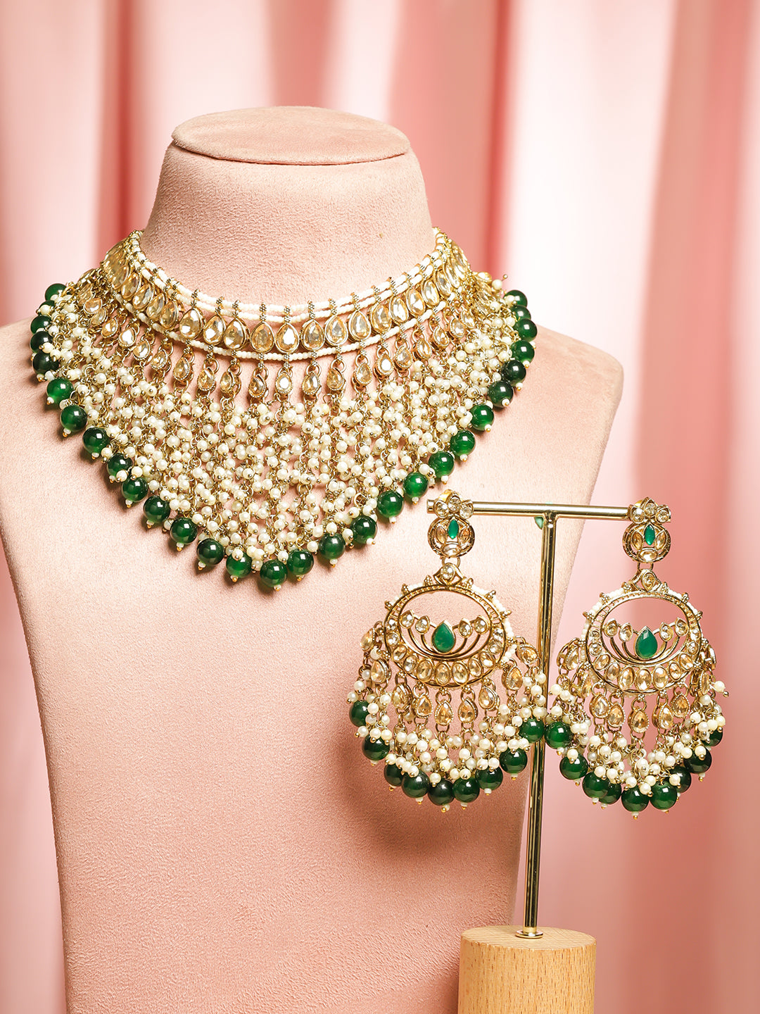 Pearl Embellished Green Beaded Kundan Choker Set フリーサイズ