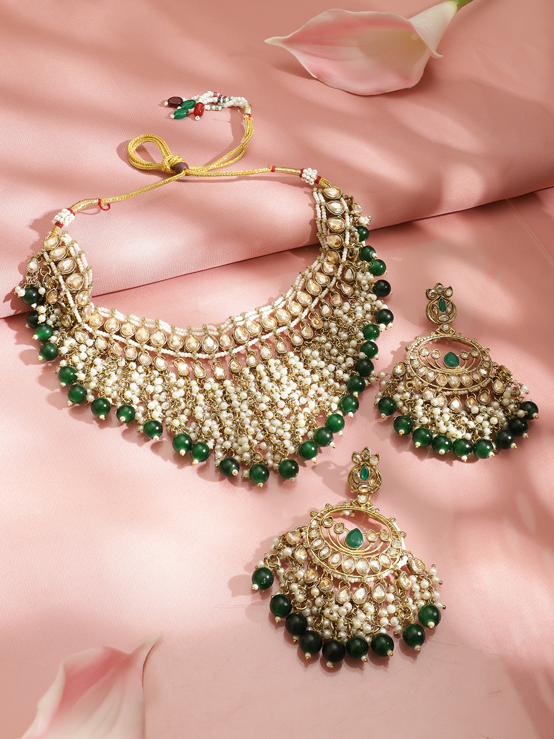 Pearl Embellished Green Beaded Kundan Choker Set フリーサイズ