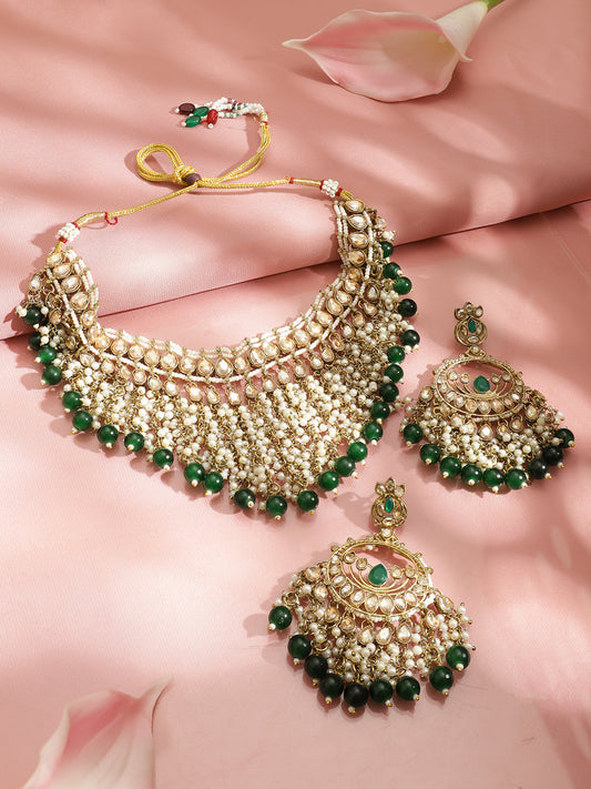 Pearl Embellished Green Beaded Kundan Choker Set フリーサイズ