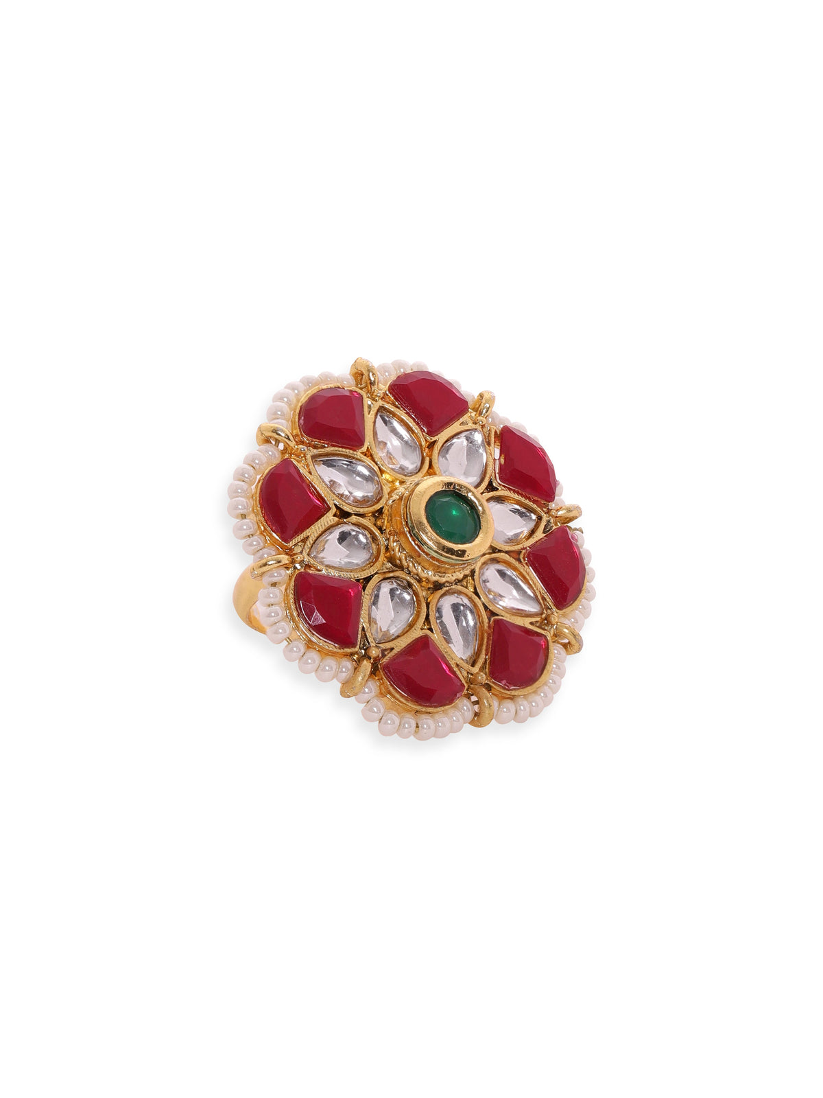 【Rubans】 Women 22K Gold-Plated Kundan-Studded & Pearls Beaded Adjustable Finger Ring｜22K ゴールドメッキ クンダン＆パールビーズ アジャスタブル リング｜フリーサイズ