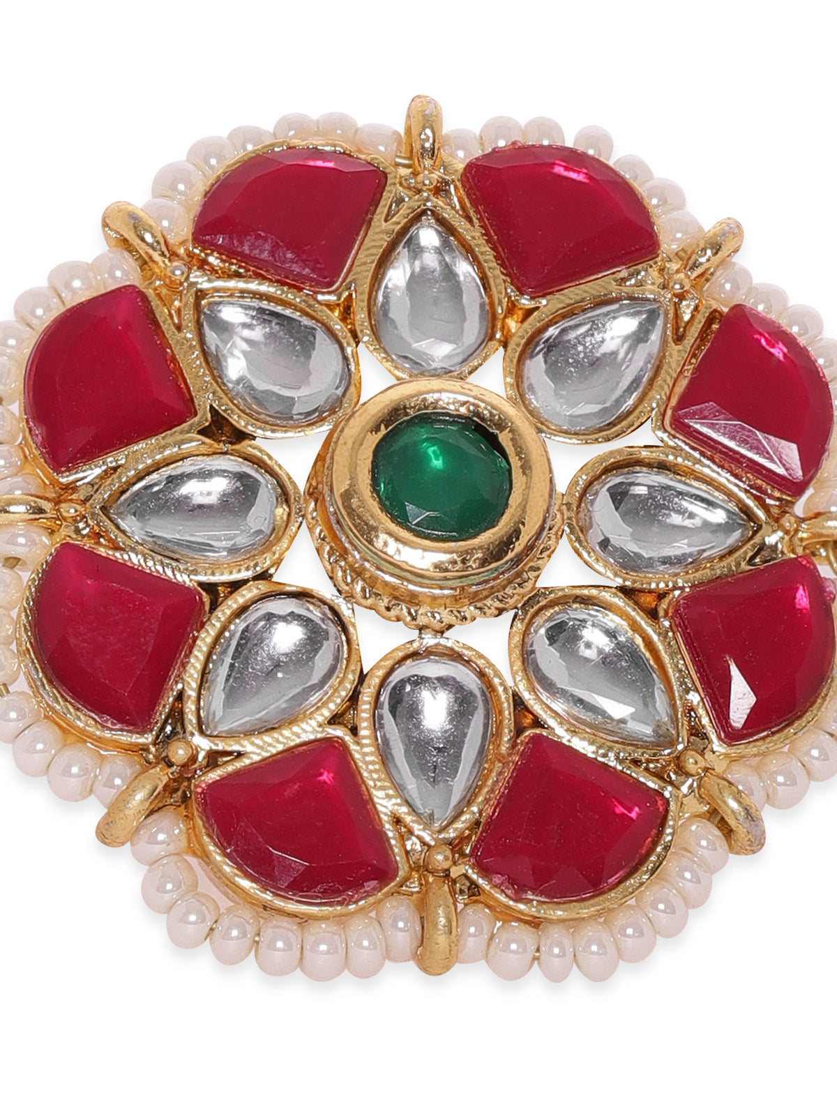 【Rubans】 Women 22K Gold-Plated Kundan-Studded & Pearls Beaded Adjustable Finger Ring｜22K ゴールドメッキ クンダン＆パールビーズ アジャスタブル リング｜フリーサイズ