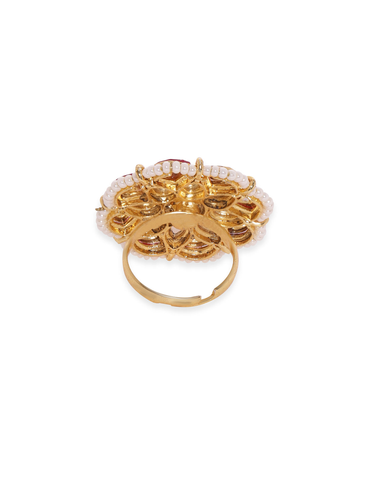 【Rubans】 Women 22K Gold-Plated Kundan-Studded & Pearls Beaded Adjustable Finger Ring｜22K ゴールドメッキ クンダン＆パールビーズ アジャスタブル リング｜フリーサイズ