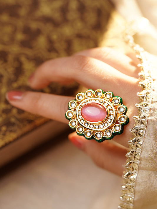 Pink Kundan Bloom Adjustable Ring フリーサイズ
