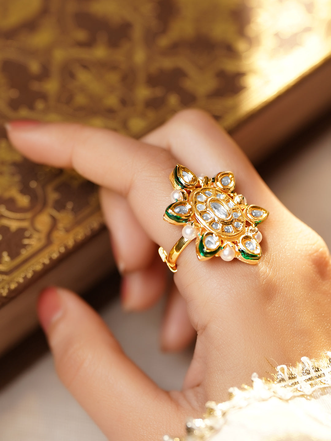 Ethnic Pearl Kundan Cocktail Ring フリーサイズ