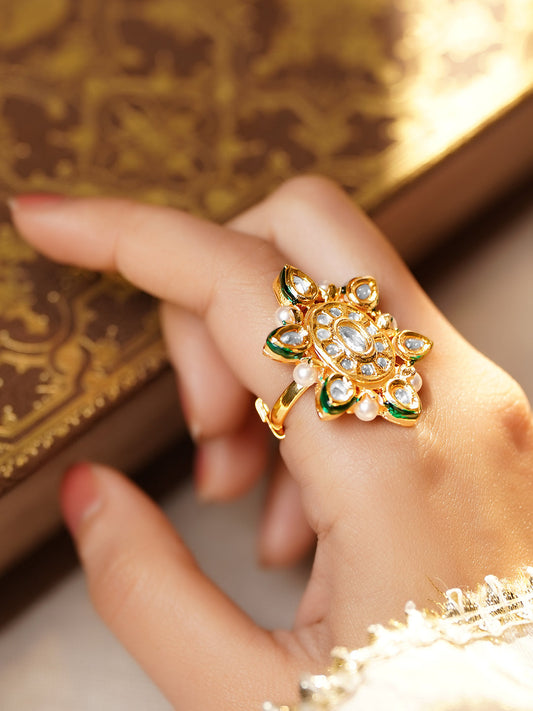 Ethnic Pearl Kundan Cocktail Ring フリーサイズ