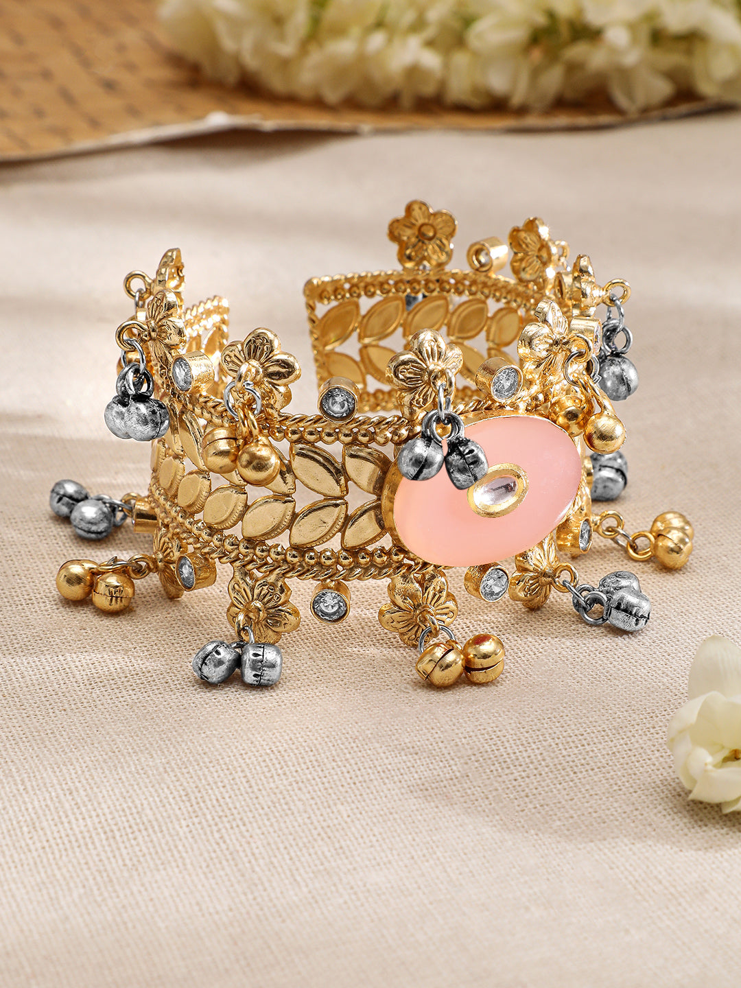 Rubans 24K Gold-Plated Dual-Tone Gold & Silver Beads Peach Stone Handcrafted Cuff Bracelet Gold
