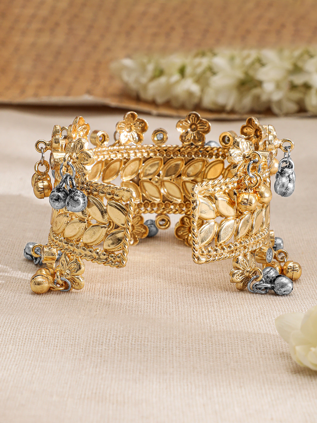Rubans 24K Gold-Plated Dual-Tone Gold & Silver Beads Peach Stone Handcrafted Cuff Bracelet Gold