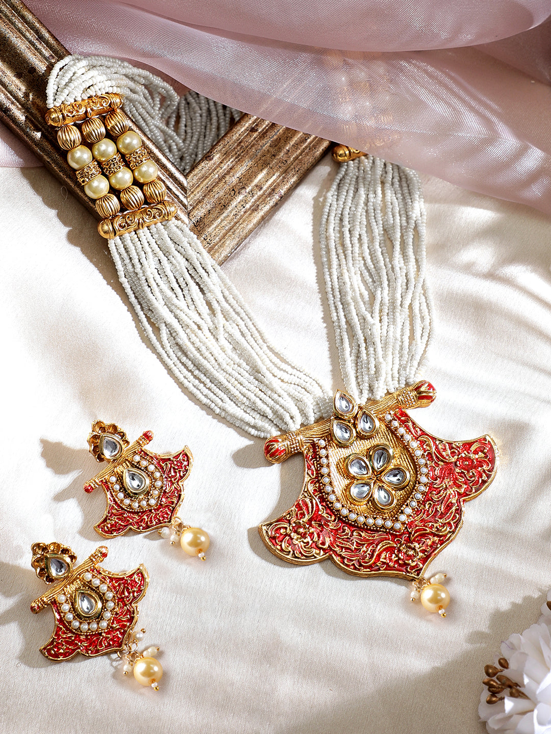 【Rubans】 Pearl Kundan Studded Necklace Set｜パール クンダン ロング ネックレスセット