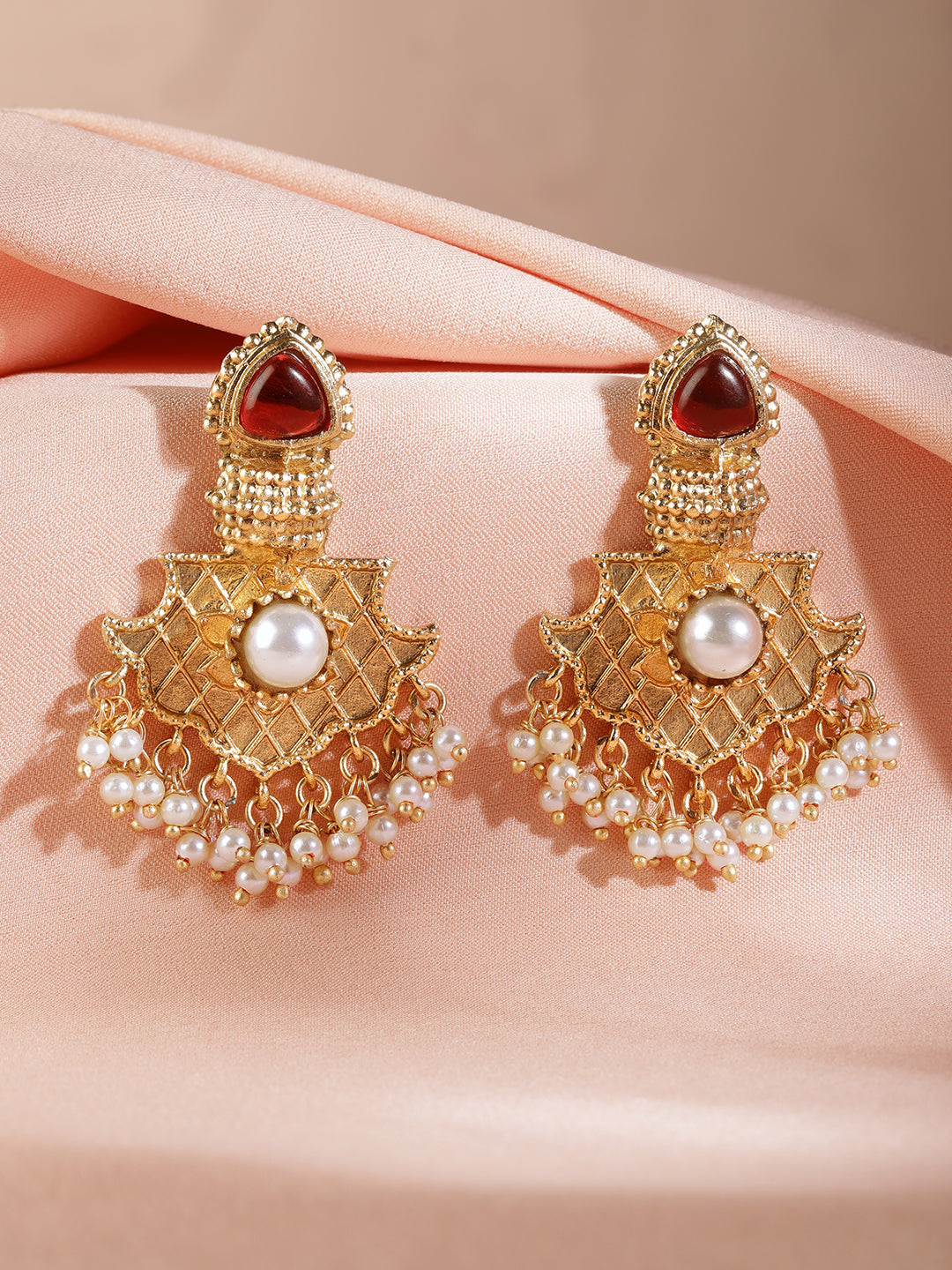 Enchanting White Red Danglers Gold
