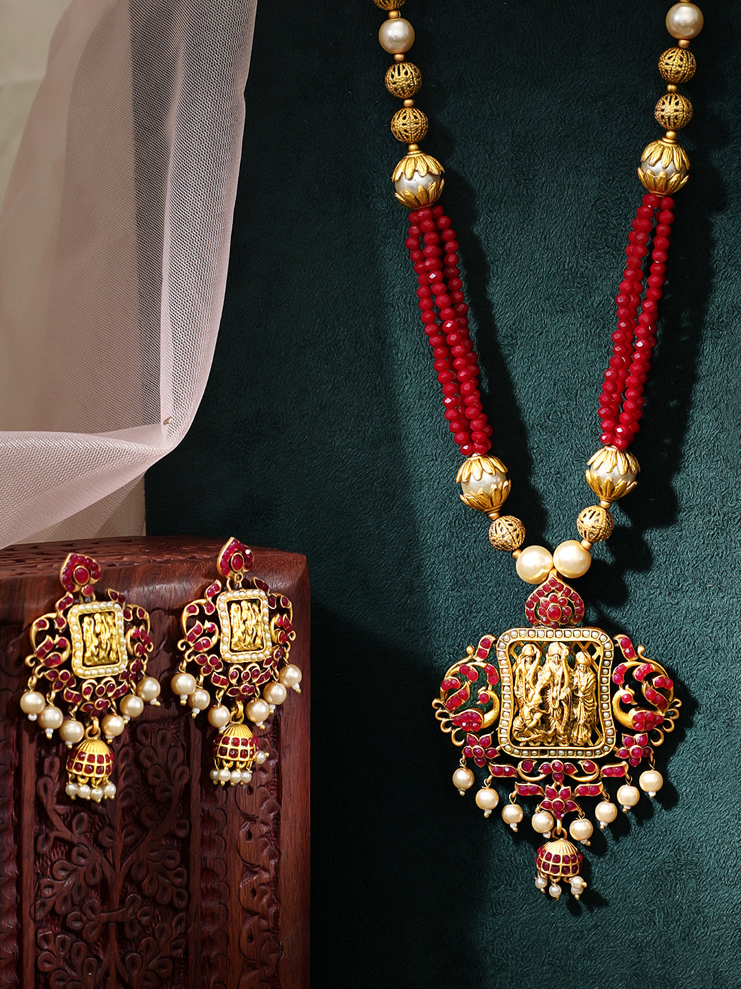 Rubans Gold Plated Maroon Red Necklace Set Gold