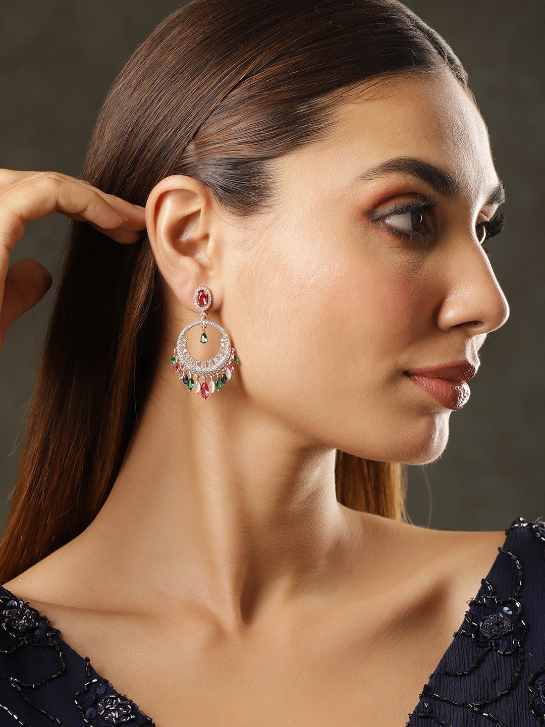 Vibrant American Diamond Zirconia Chandbali Earrings Rose Gold