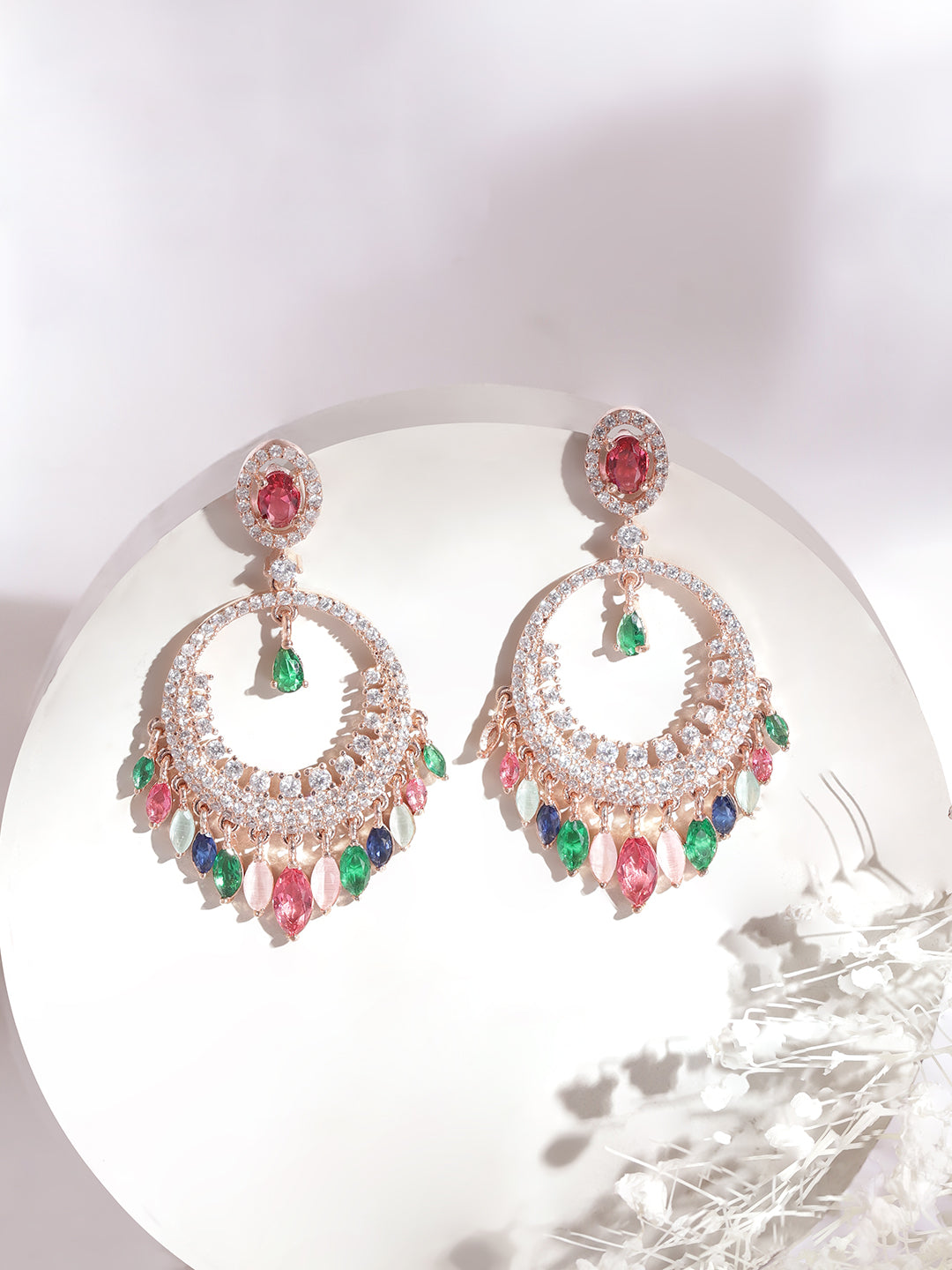 Vibrant American Diamond Zirconia Chandbali Earrings Rose Gold