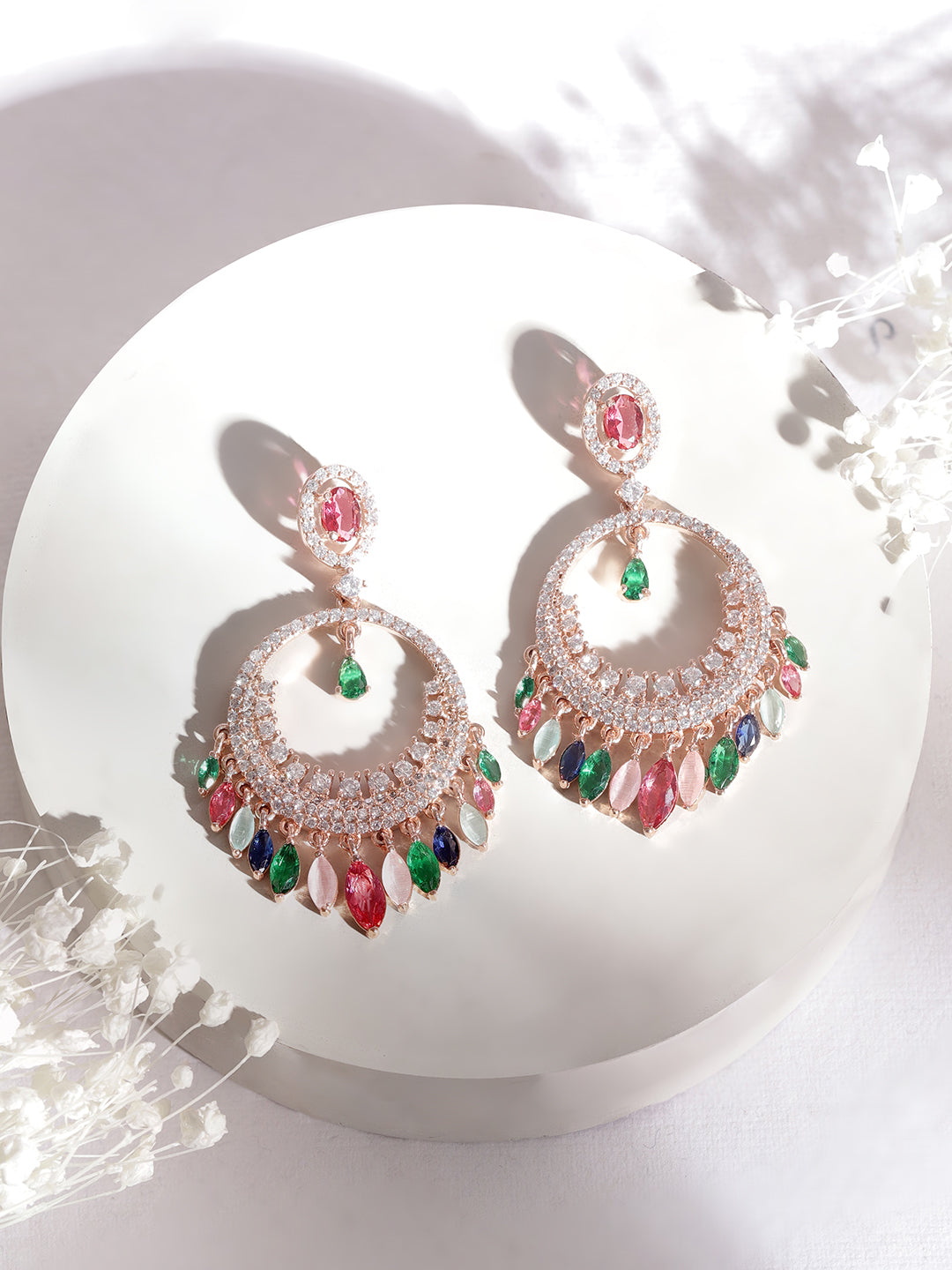 Vibrant American Diamond Zirconia Chandbali Earrings Rose Gold