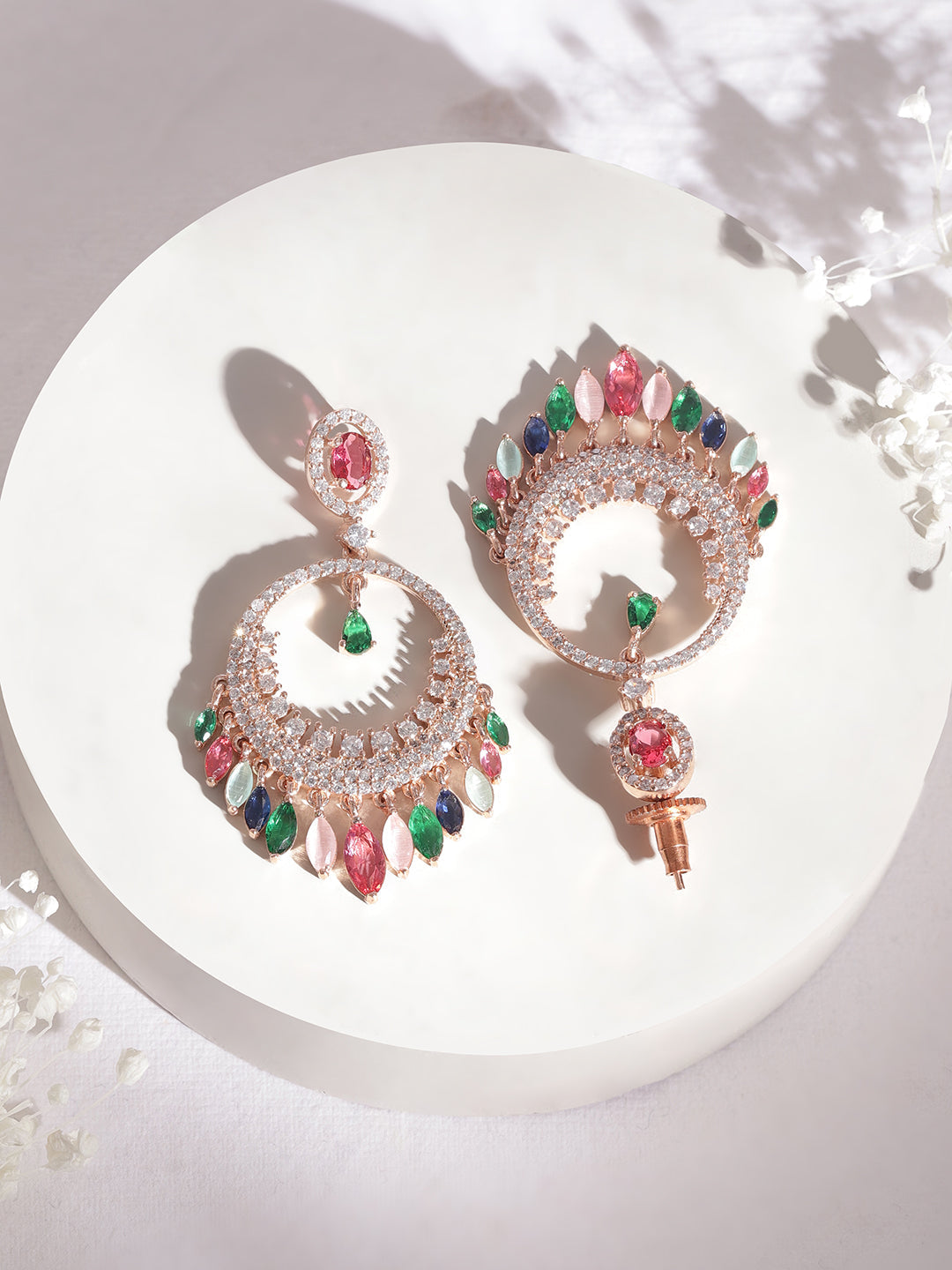 Vibrant American Diamond Zirconia Chandbali Earrings Rose Gold