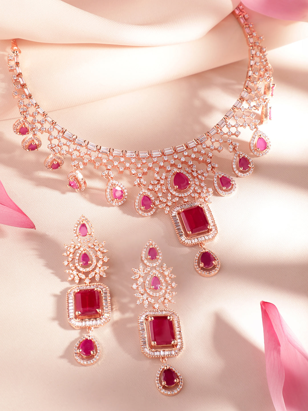 Rubans 24K Rose Gold Plated Ruby Pink Sapphire & Cubic Zirconia Studded Handcrafted Premium Jewellery Set Pink