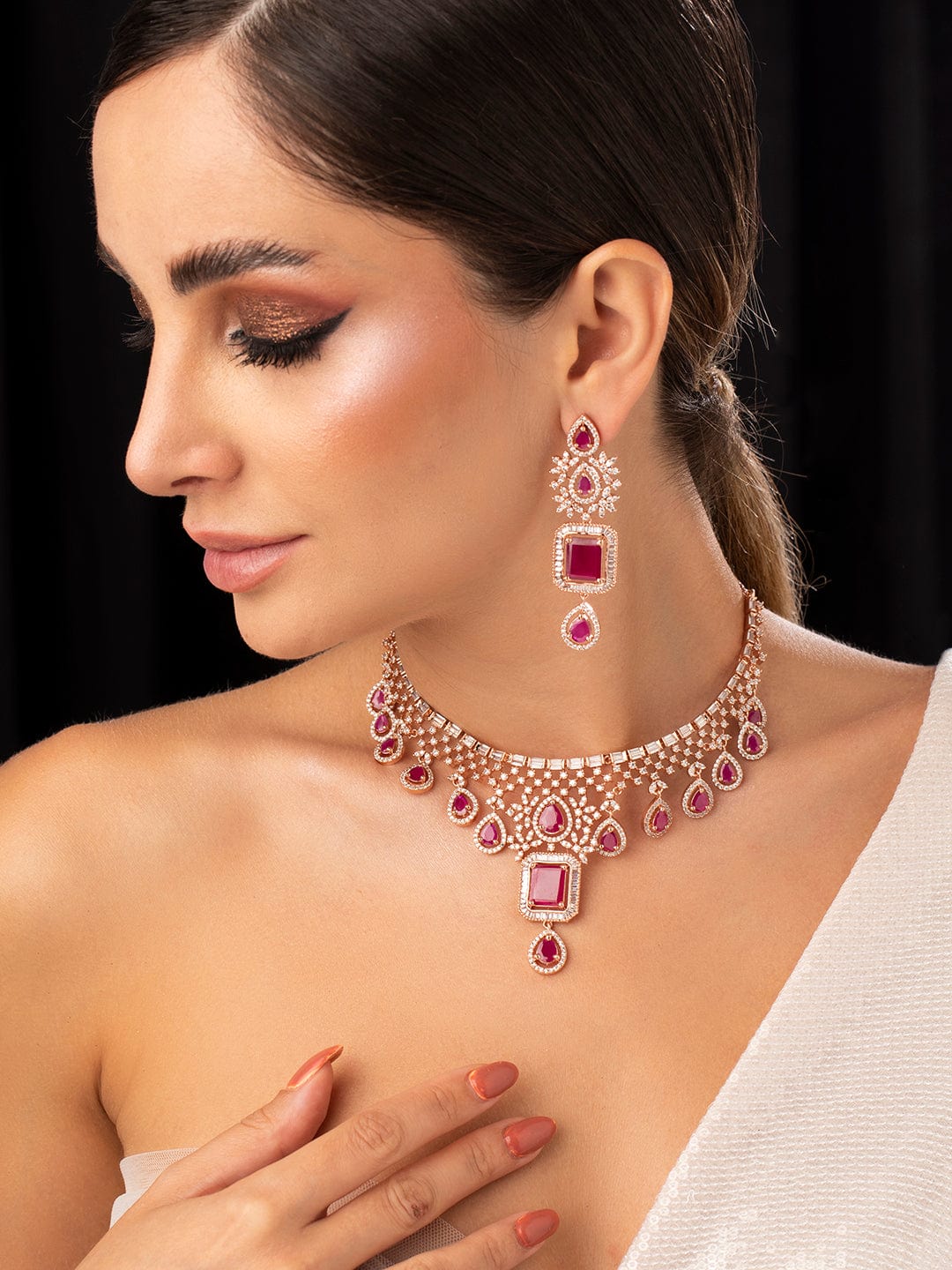 Rubans 24K Rose Gold Plated Ruby Pink Sapphire & Cubic Zirconia Studded Handcrafted Premium Jewellery Set Pink