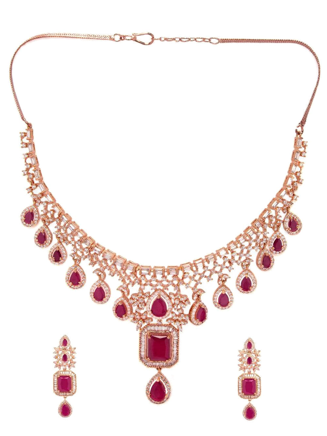 Rubans 24K Rose Gold Plated Ruby Pink Sapphire & Cubic Zirconia Studded Handcrafted Premium Jewellery Set Pink