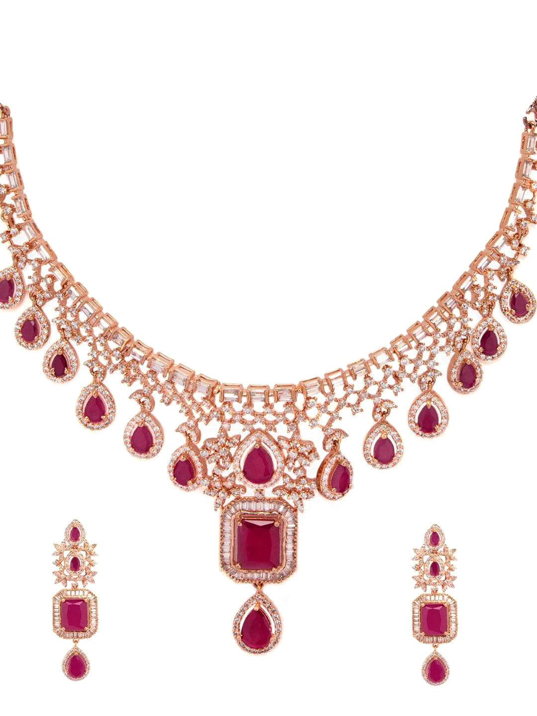 Rubans 24K Rose Gold Plated Ruby Pink Sapphire & Cubic Zirconia Studded Handcrafted Premium Jewellery Set Pink