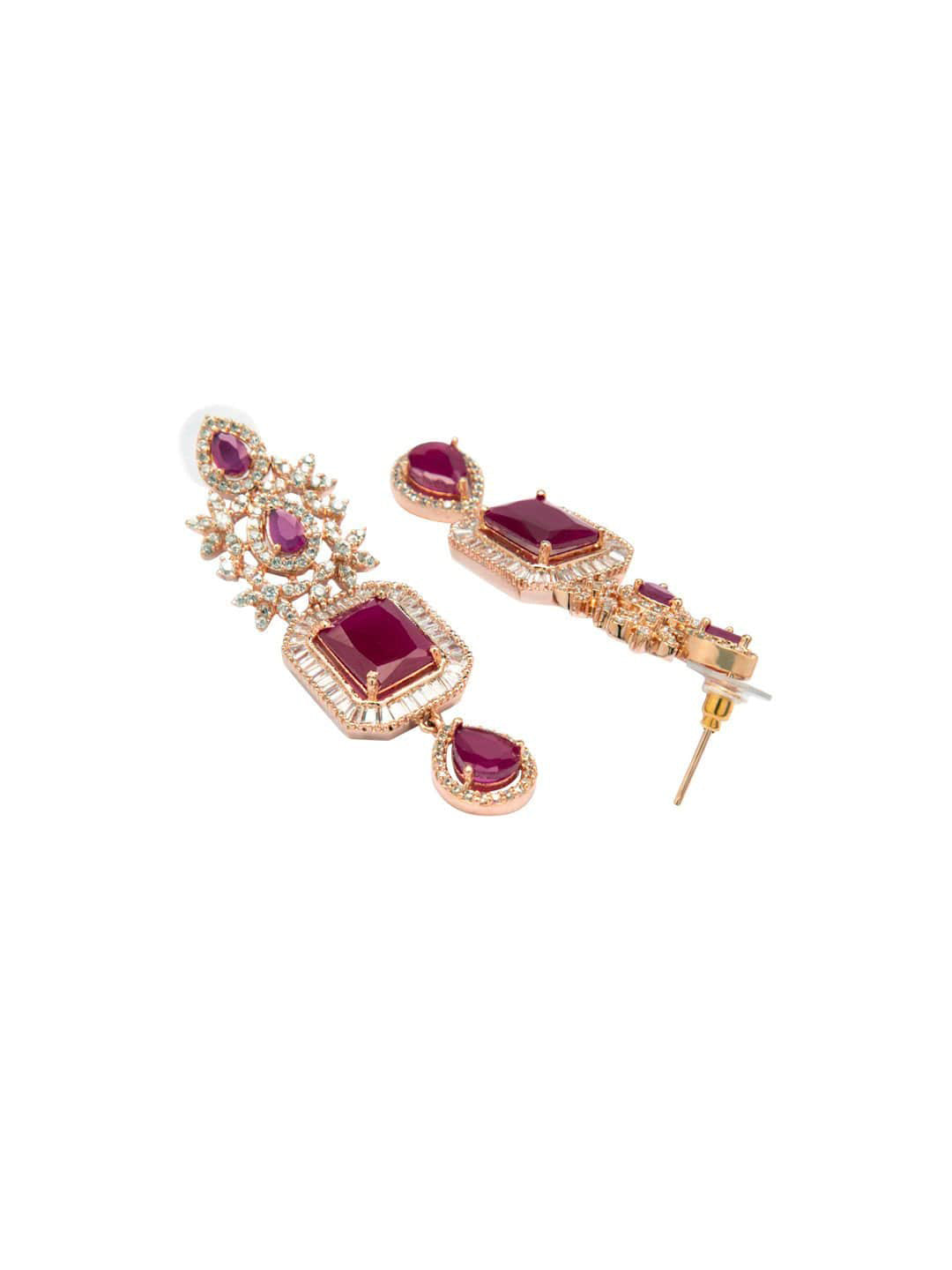 Rubans 24K Rose Gold Plated Ruby Pink Sapphire & Cubic Zirconia Studded Handcrafted Premium Jewellery Set Pink