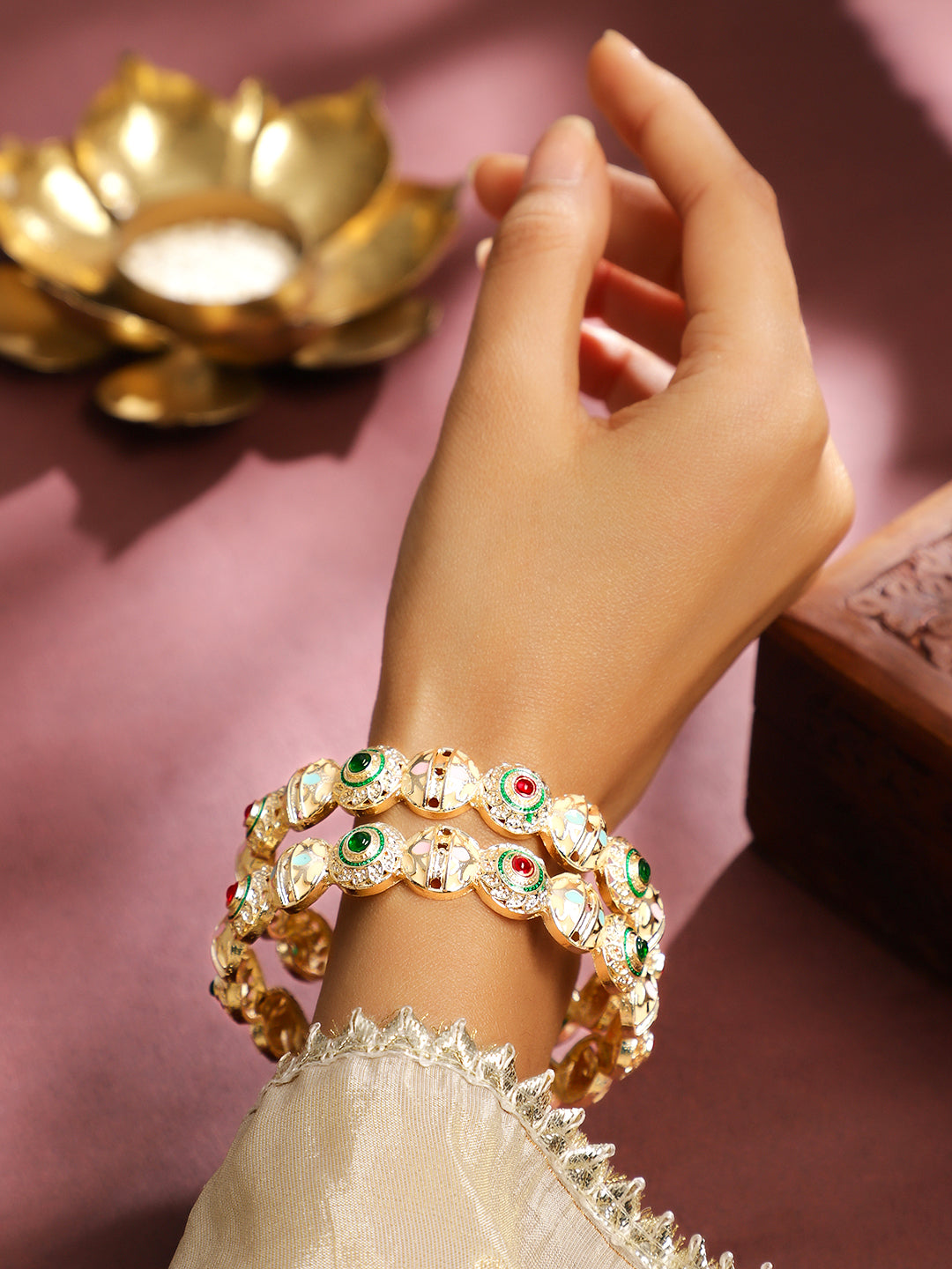 Rubans Set of 2 18K Gold Plated Red & Green Stone and Enamel Work Handcrafted Bangles Red & Green