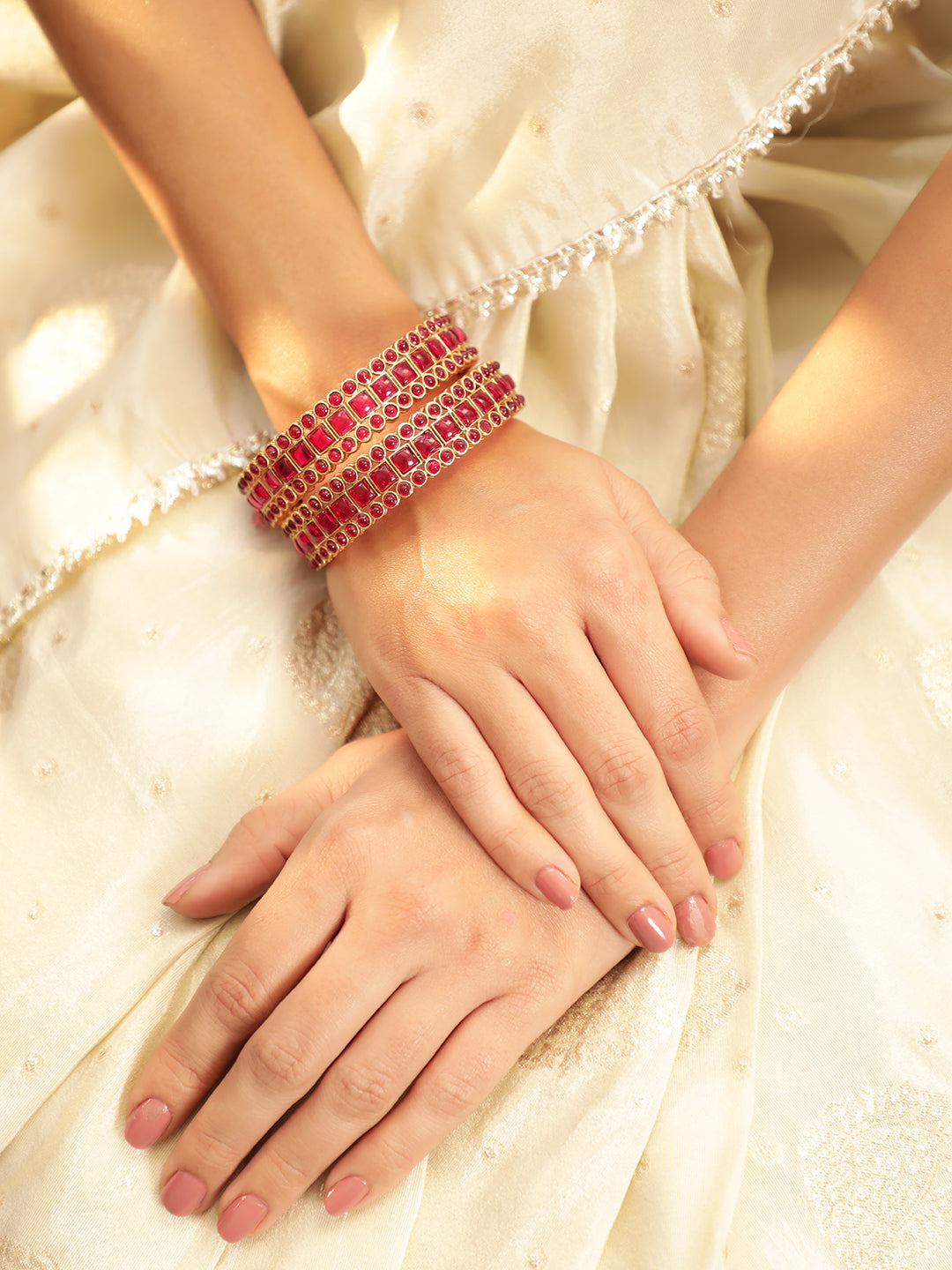 Rubans Set Of 2 Gold Plated Ruby Stones Bangles 2.6 - Medium