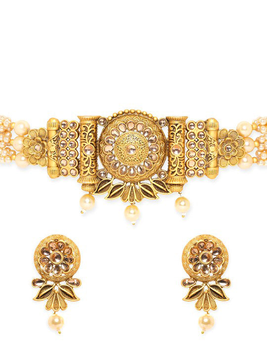 Pearl Beaded Floral Golden Choker Set Gold