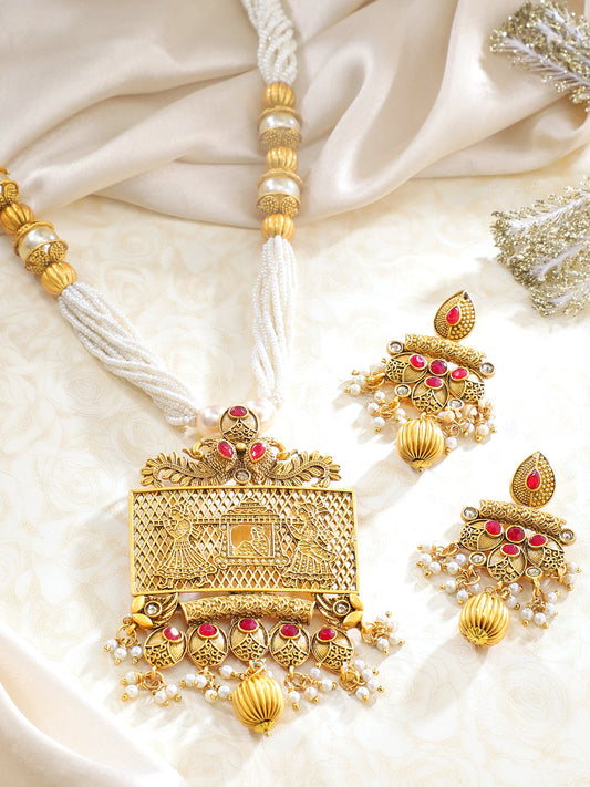 Rubans 22K Gold-Plated Ruby & White Pearl Beaded Multistrand Temple Motif Jewellery Set Gold
