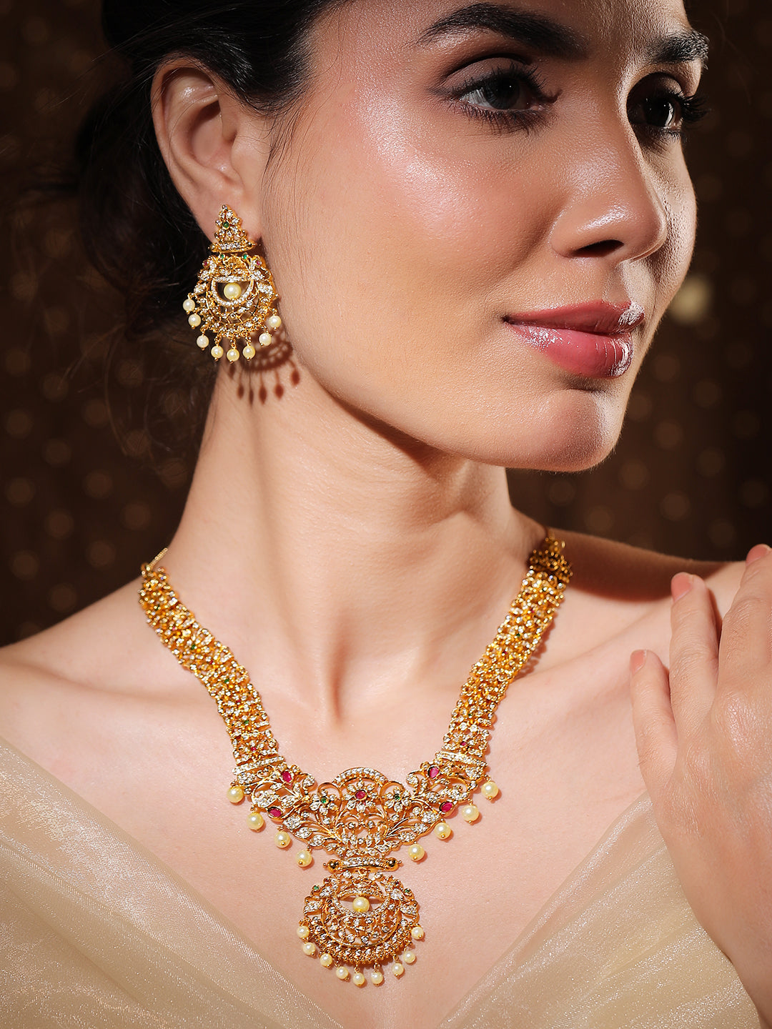 American Diamond Zirconia Floral Necklace Set フリーサイズ